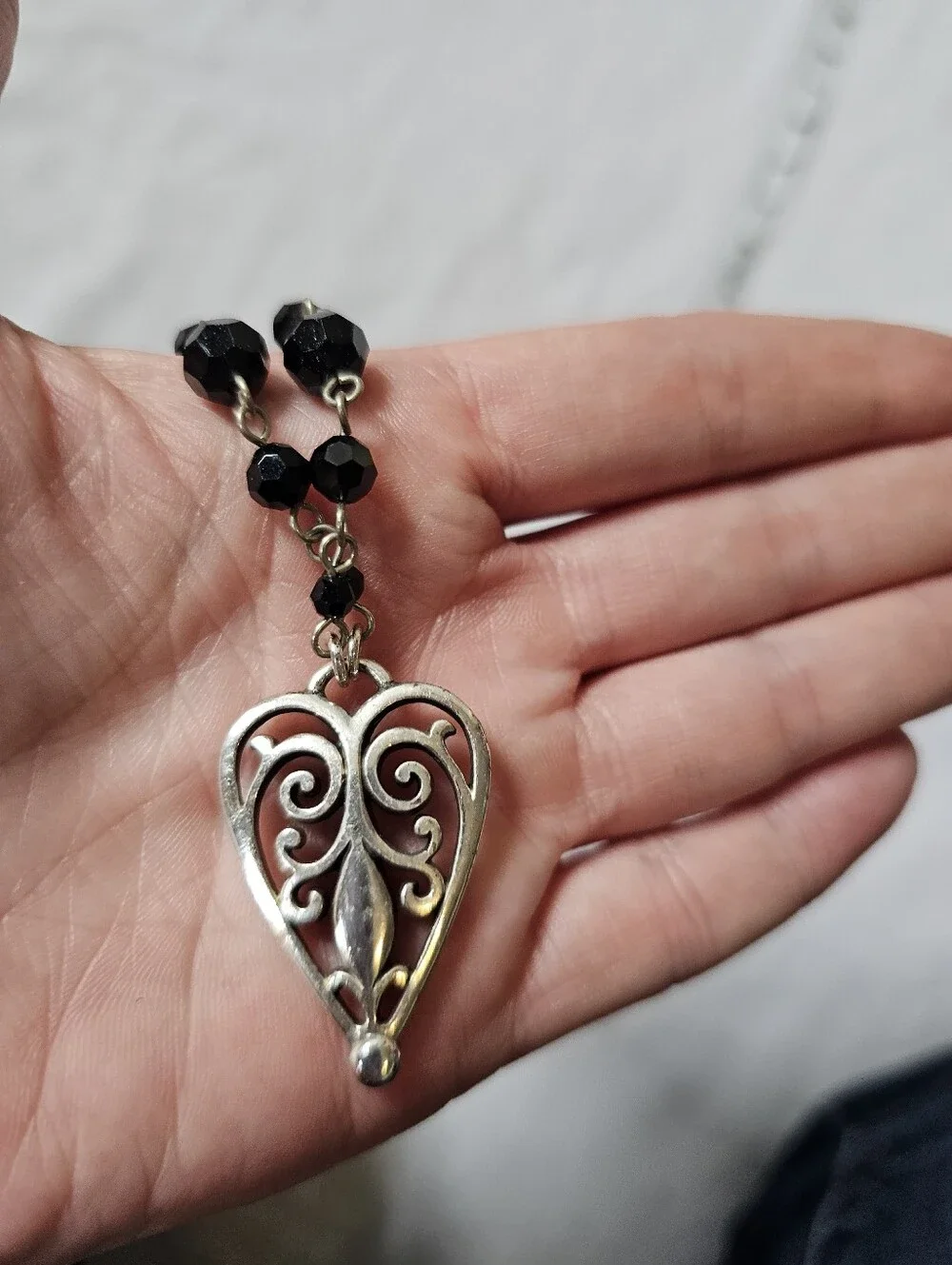 Brighton Milas Heart Necklace #7201 Retired Black Crystal Beaded Silver Tone